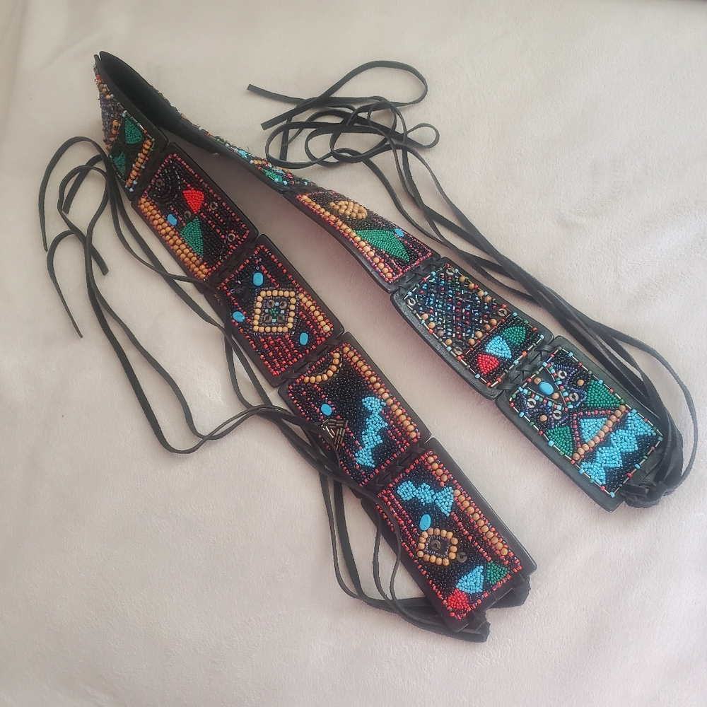 Colorful Beaded Leather Belt With Tassel Closure Like New Chicos Size M/L
